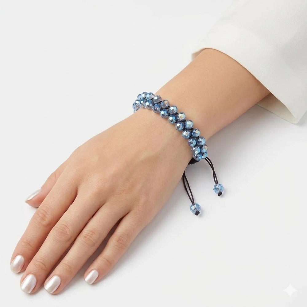 Double Strand Blue AB Crystal Faceted Bead Adjustable Macramé Bracelet Boho